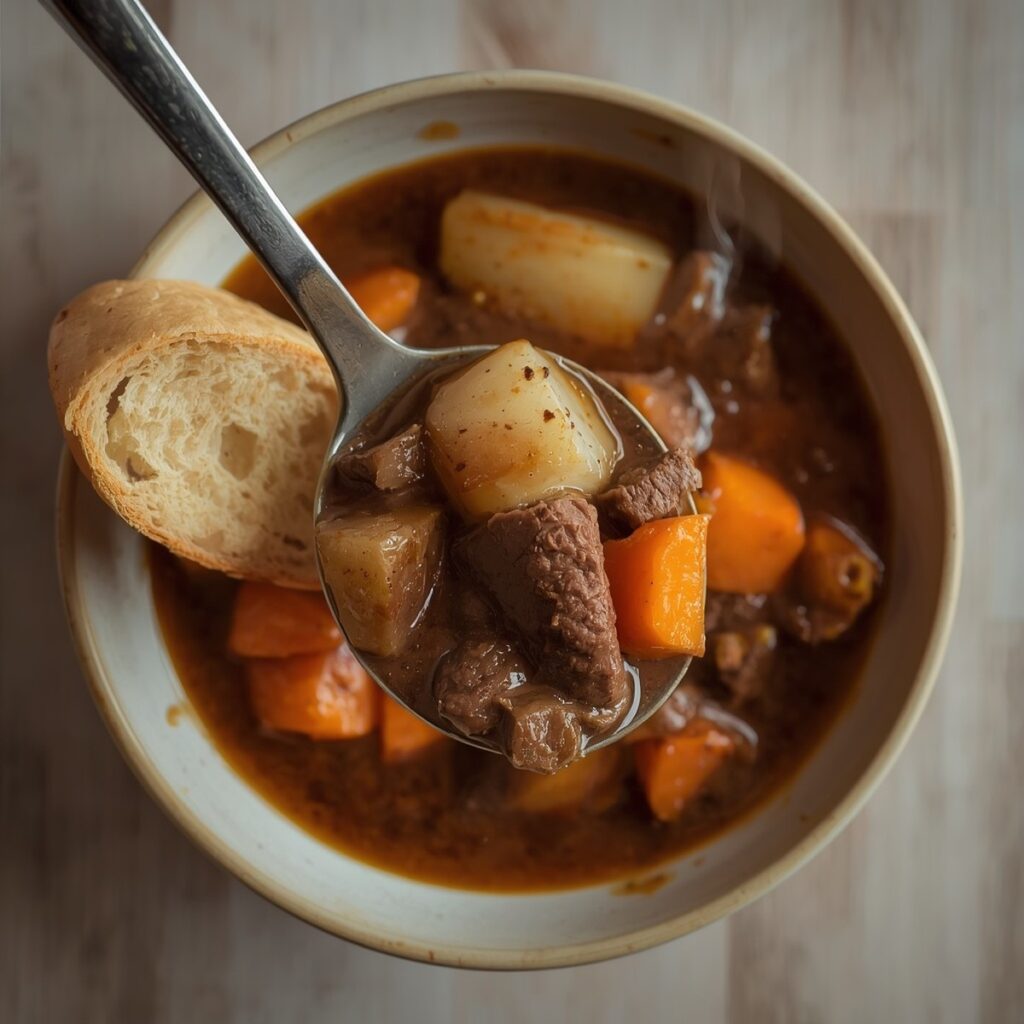 Finished Instant Pot beef stew ladled into a rustic bowl with a slice of crusty bread beside it, steam visible, no text, no labels, no background drinks or glasses of liquid