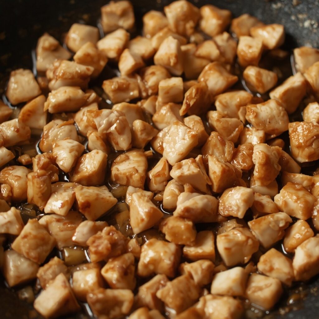 Diced chicken searing in a wok, no text, no labels, no background drinks or glasses of liquid