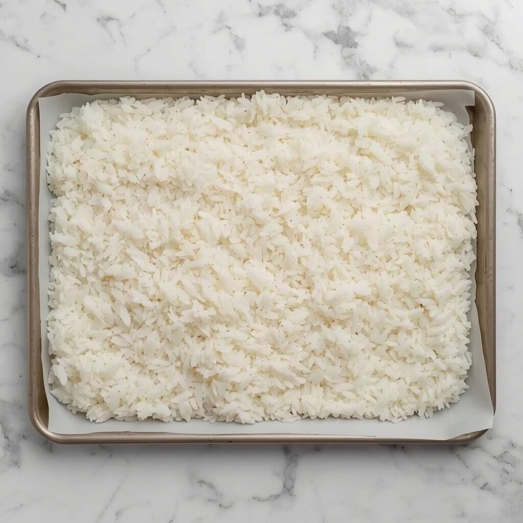 Cold cooked rice spread thin on a sheet pan, no text, no labels, no background drinks or glasses of liquid