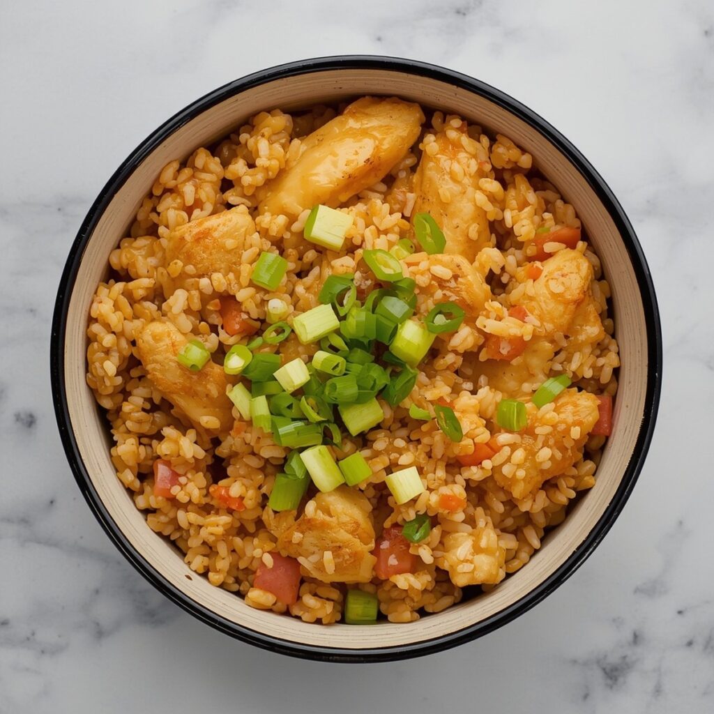 Overhead square shot of chicken fried rice in a bowl garnished with green onions, no text, no packaging, no brand names, no background drinks or glasses of liquid