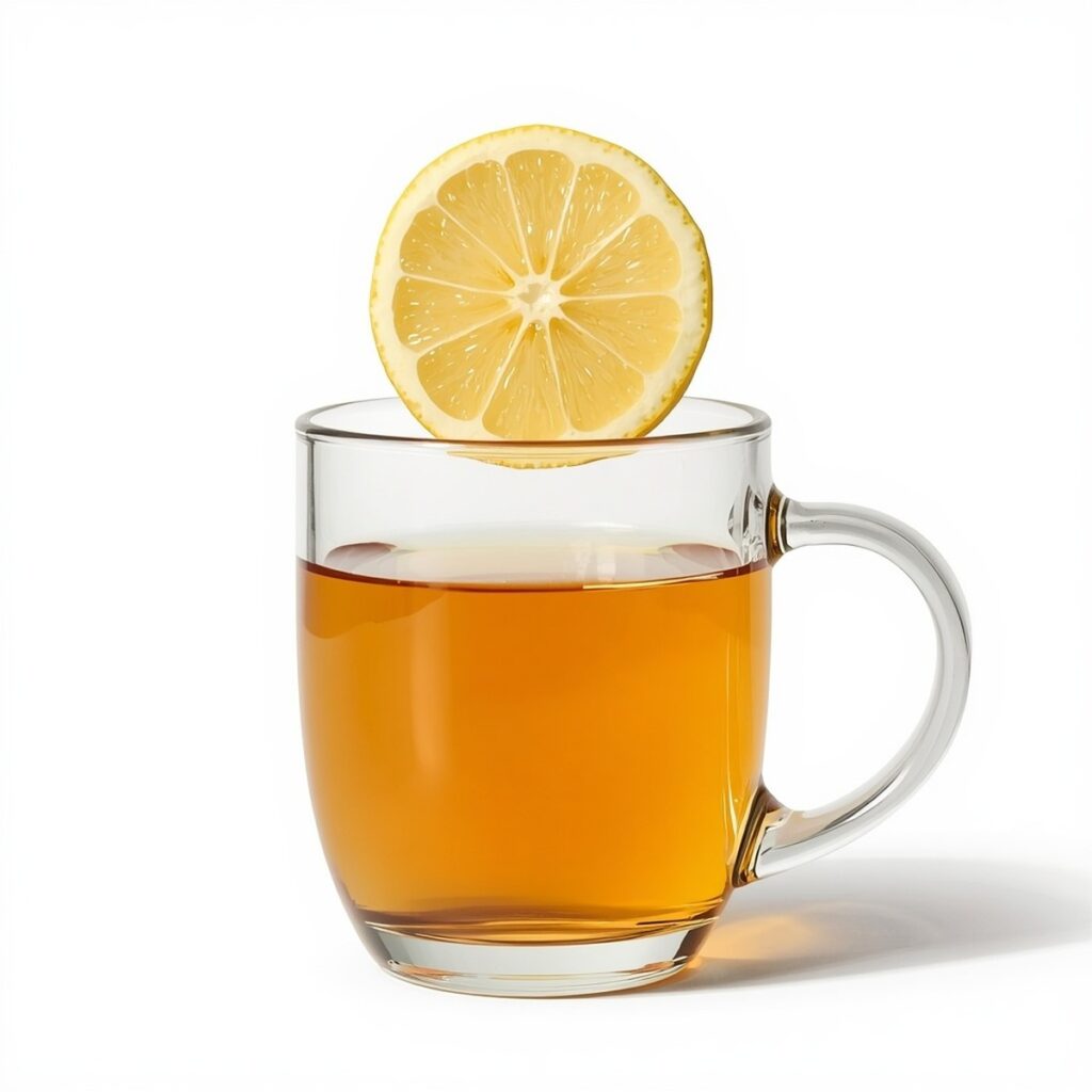 A lemon slice being added to a finished mug of Starbucks Medicine Ball tea, no text, no labels, no background drinks or glasses of liquid