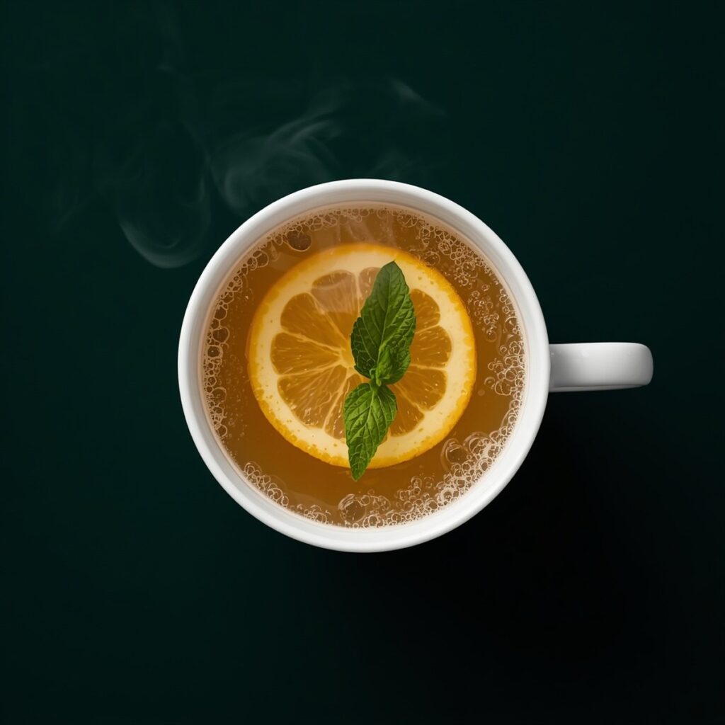 Overhead square shot of Starbucks Medicine Ball tea in a mug with a lemon slice and steam rising, no text, no packaging, no brand names, no background drinks or glasses of liquid