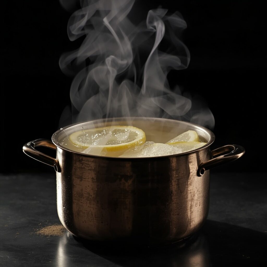 Lemonade and water being warmed together in a small saucepan, no text, no labels, no background drinks or glasses of liquid