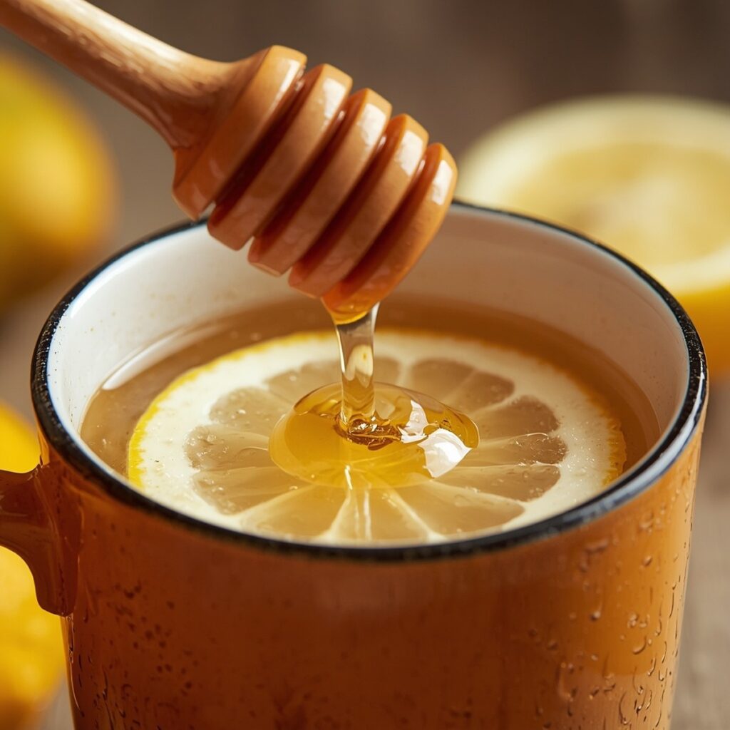 Honey being stirred into a warm mug of lemonade, no text, no labels, no background drinks or glasses of liquid