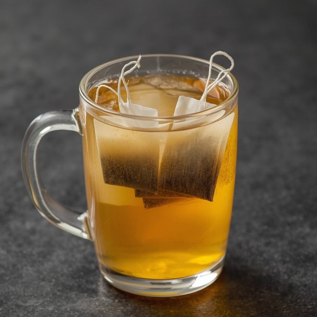 Two tea bags steeping together in a mug of warm lemonade, no text, no labels, no background drinks or glasses of liquid