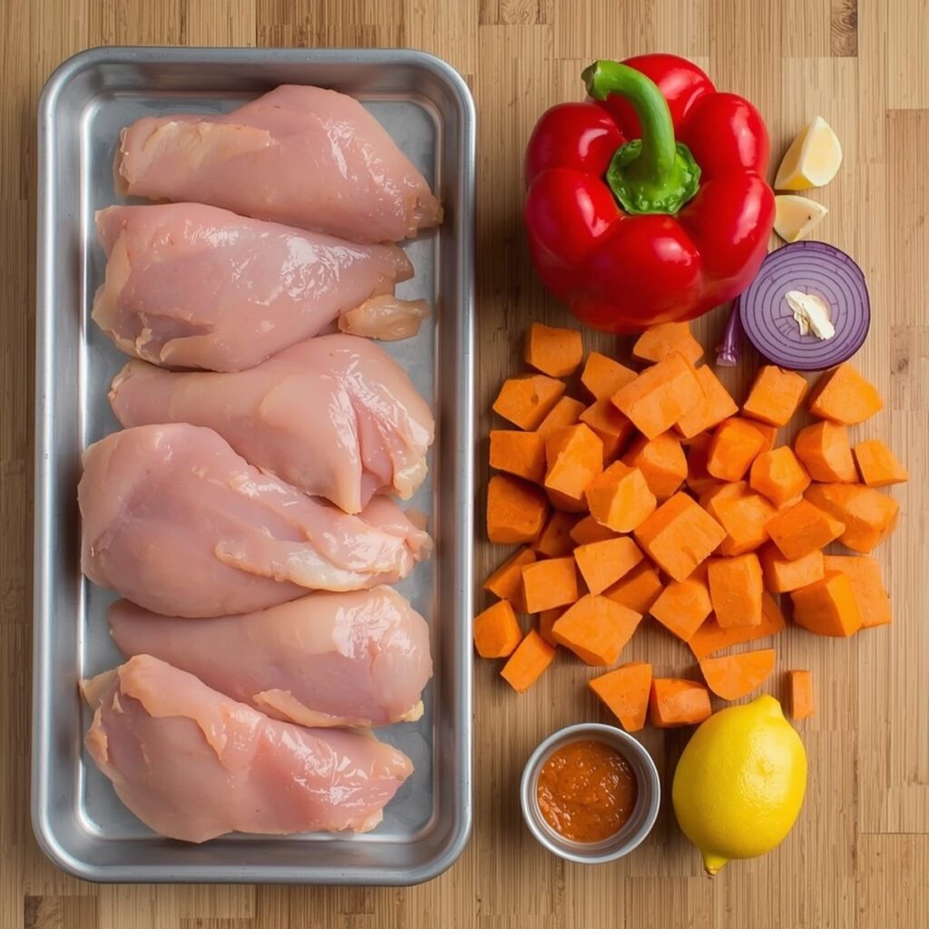 Ingredients for sheet pan chicken and sweet potatoes laid out on a counter, including harissa paste, chicken thighs, and cubed sweet potato, no text, no labels, no background drinks or glasses of liquid
