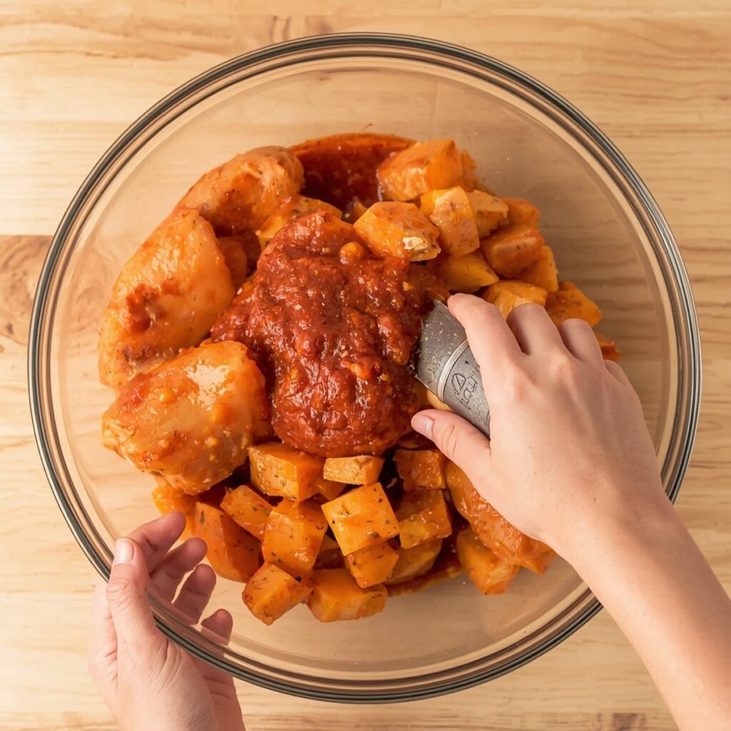Chicken thighs and sweet potato cubes being tossed with harissa paste in a large bowl, no text, no labels, no background drinks or glasses of liquid