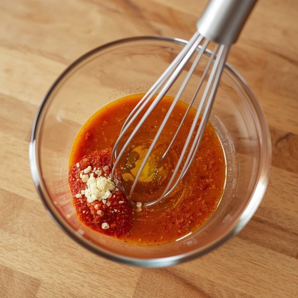 Harissa marinade being whisked together with garlic, lemon, and spices in a small bowl, no text, no labels, no background drinks or glasses of liquid