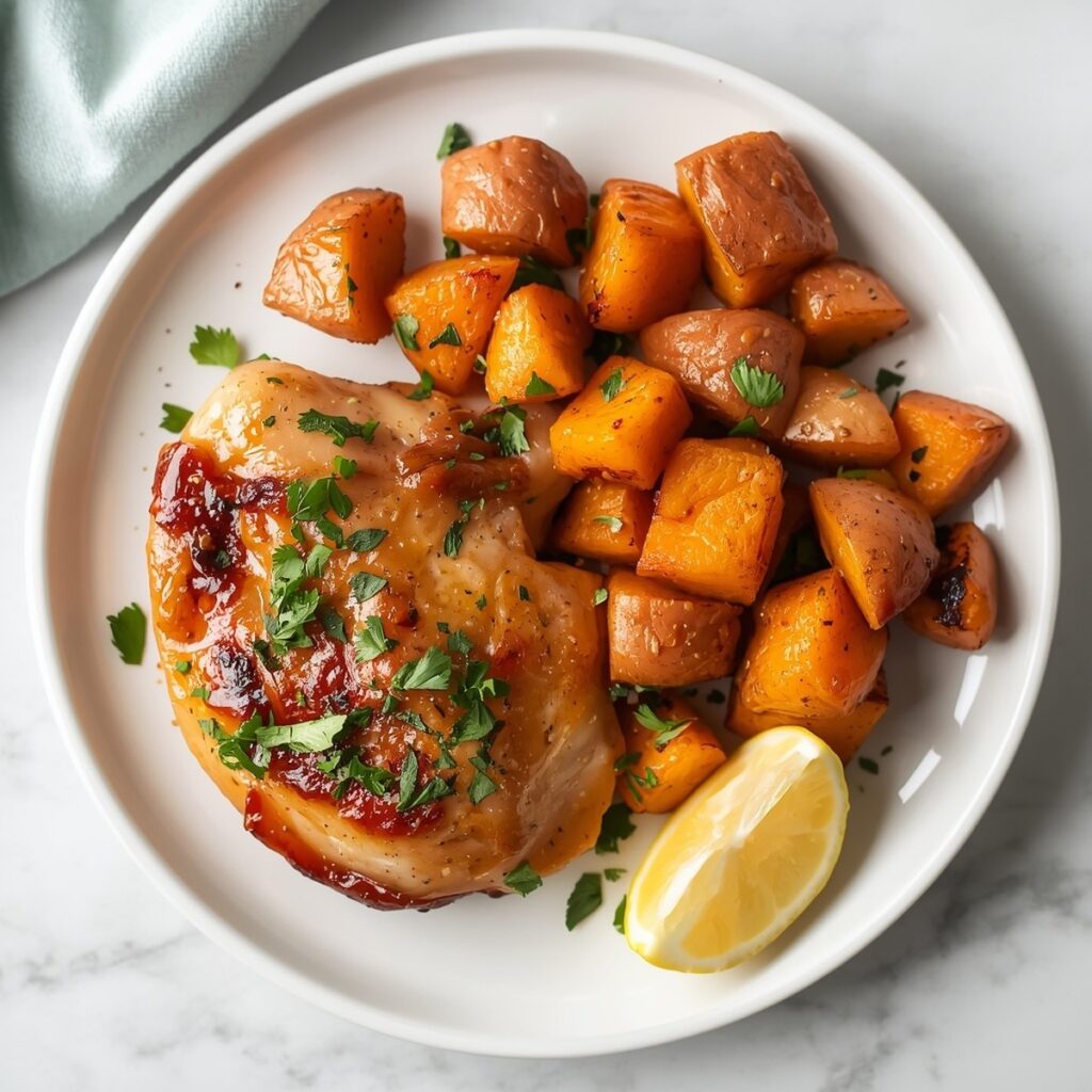 Overhead square shot of finished sheet pan chicken and sweet potatoes plated with lemon wedges and herbs, no text, no labels, no background drinks or glasses of liquid