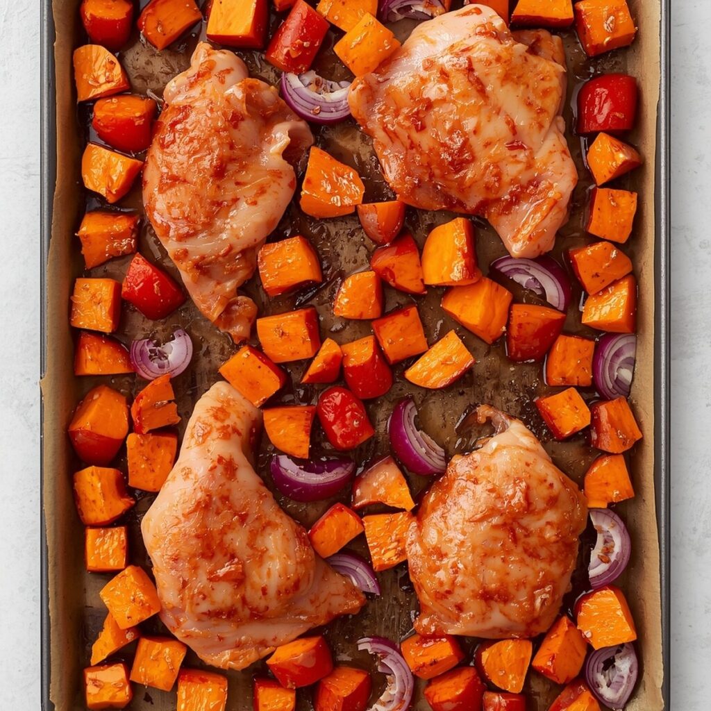 Raw harissa chicken and sweet potatoes arranged in a single layer on a sheet pan before baking, no text, no labels, no background drinks or glasses of liquid