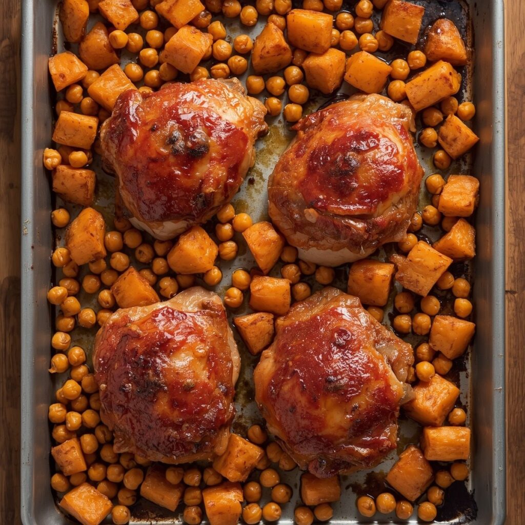 Sheet pan harissa chicken with chickpeas and sweet potatoes variation, overhead shot, no text, no labels, no background drinks or glasses of liquid