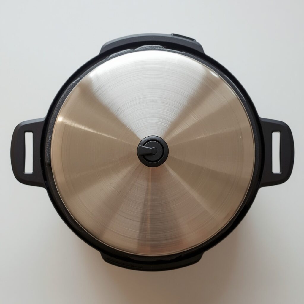Instant Pot lid being sealed with the steam release valve pointed to sealing, no text, no labels, no background drinks or glasses of liquid
