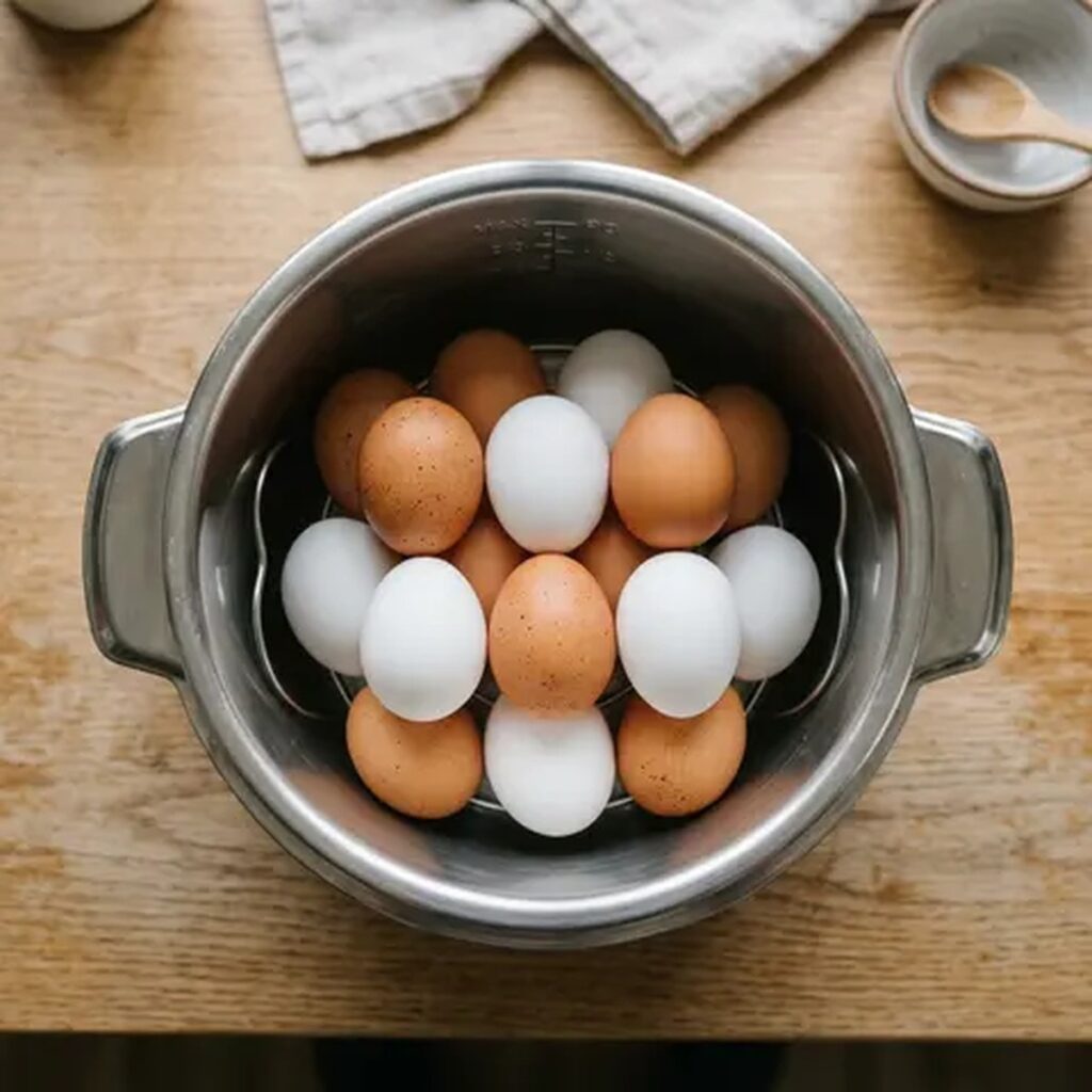 A dozen eggs stacked in two layers inside an Instant Pot insert for a large batch, no text, no labels, no background drinks or glasses of liquid