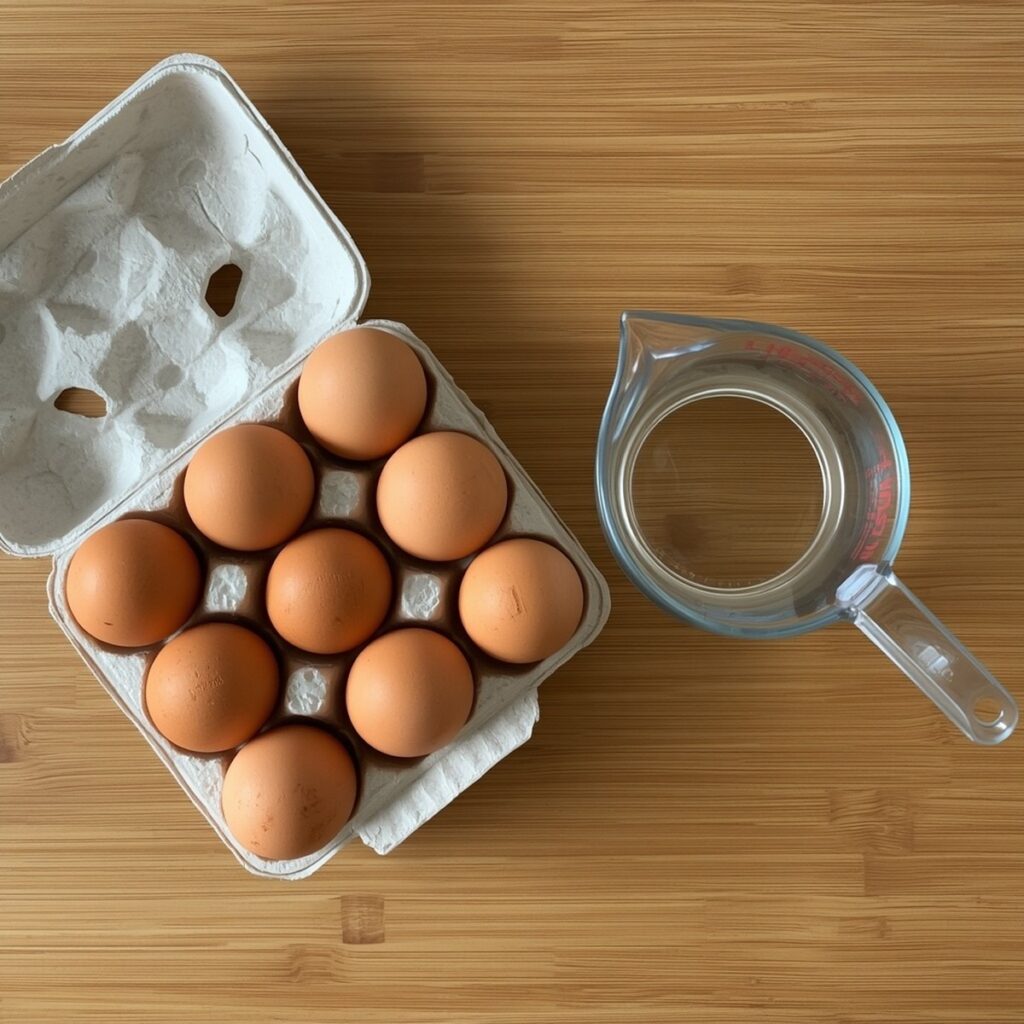 Ingredients for Instant Pot hard boiled eggs, a carton of large eggs and a measuring cup of water on a counter, no text, no labels, no background drinks or glasses of liquid