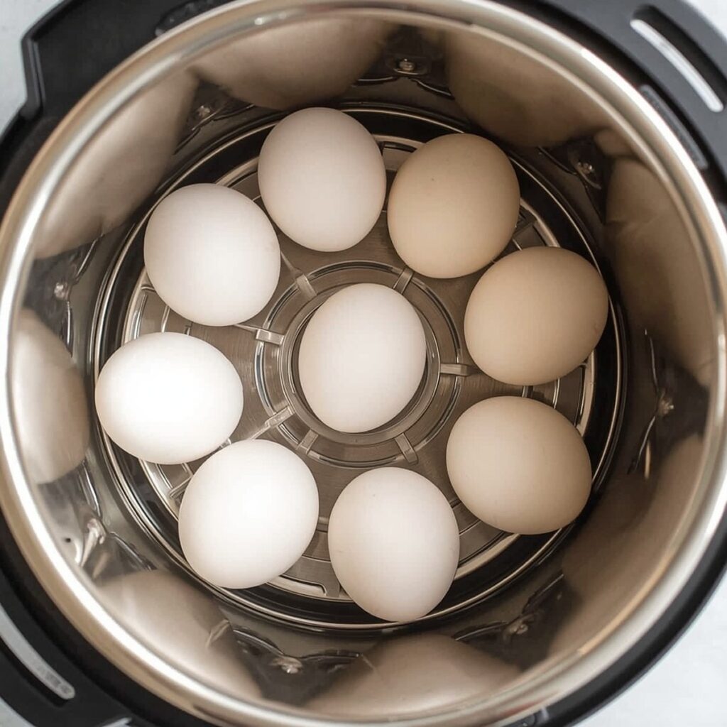 Eggs arranged in a single layer on a trivet inside an Instant Pot insert, no text, no labels, no background drinks or glasses of liquid