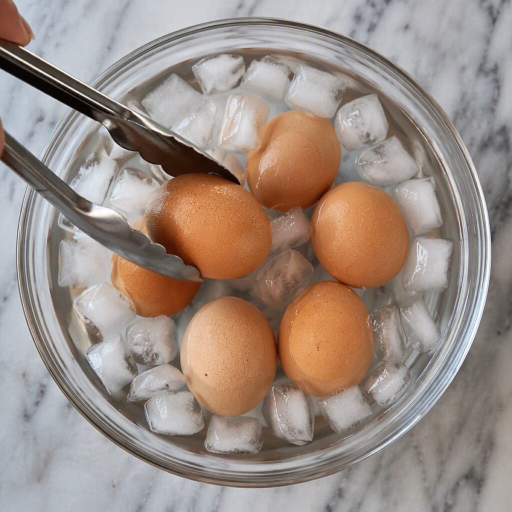Cooked eggs being transferred from the Instant Pot into a bowl of ice water, no text, no labels, no background drinks or glasses of liquid