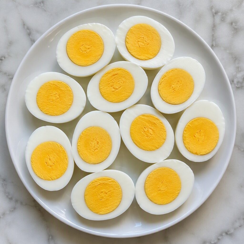 Overhead shot of peeled Instant Pot hard boiled eggs halved on a plate, smooth yolks visible, no text, no labels, no background drinks or glasses of liquid