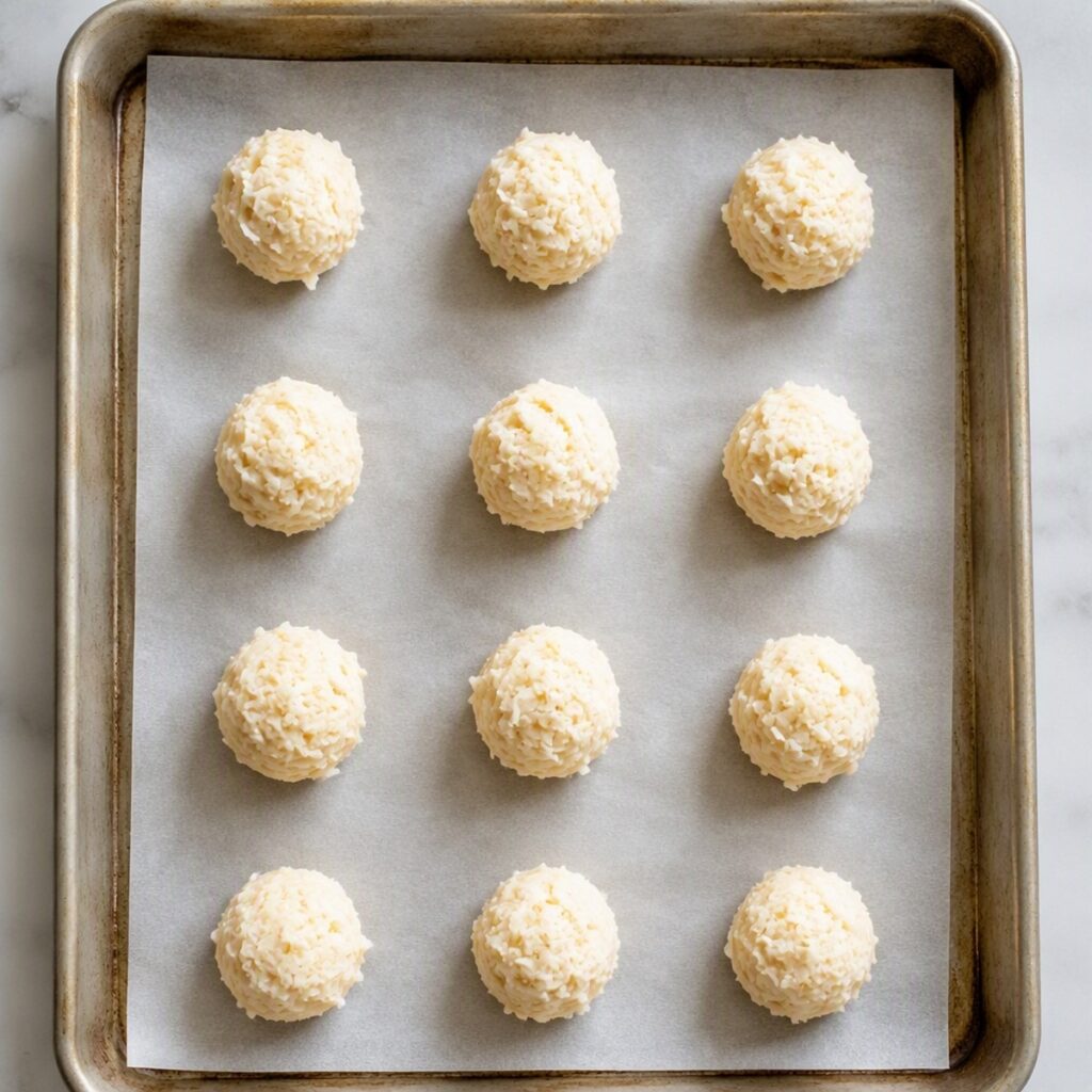 Scooped coconut cookie dough balls on a parchment-lined baking sheet before baking, no text or branding