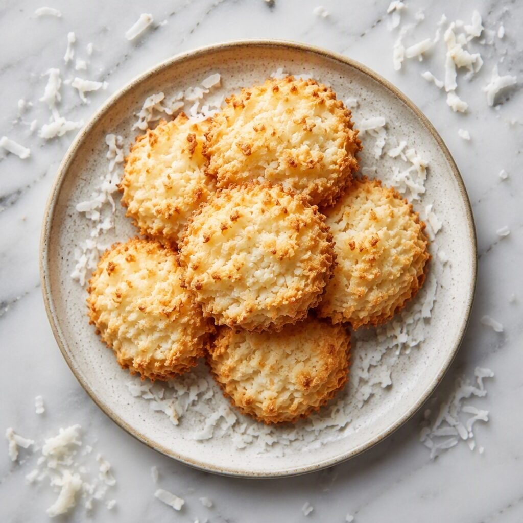 Overhead shot of a stack of coconut cookies on a plate with shredded coconut scattered around, no text or branding