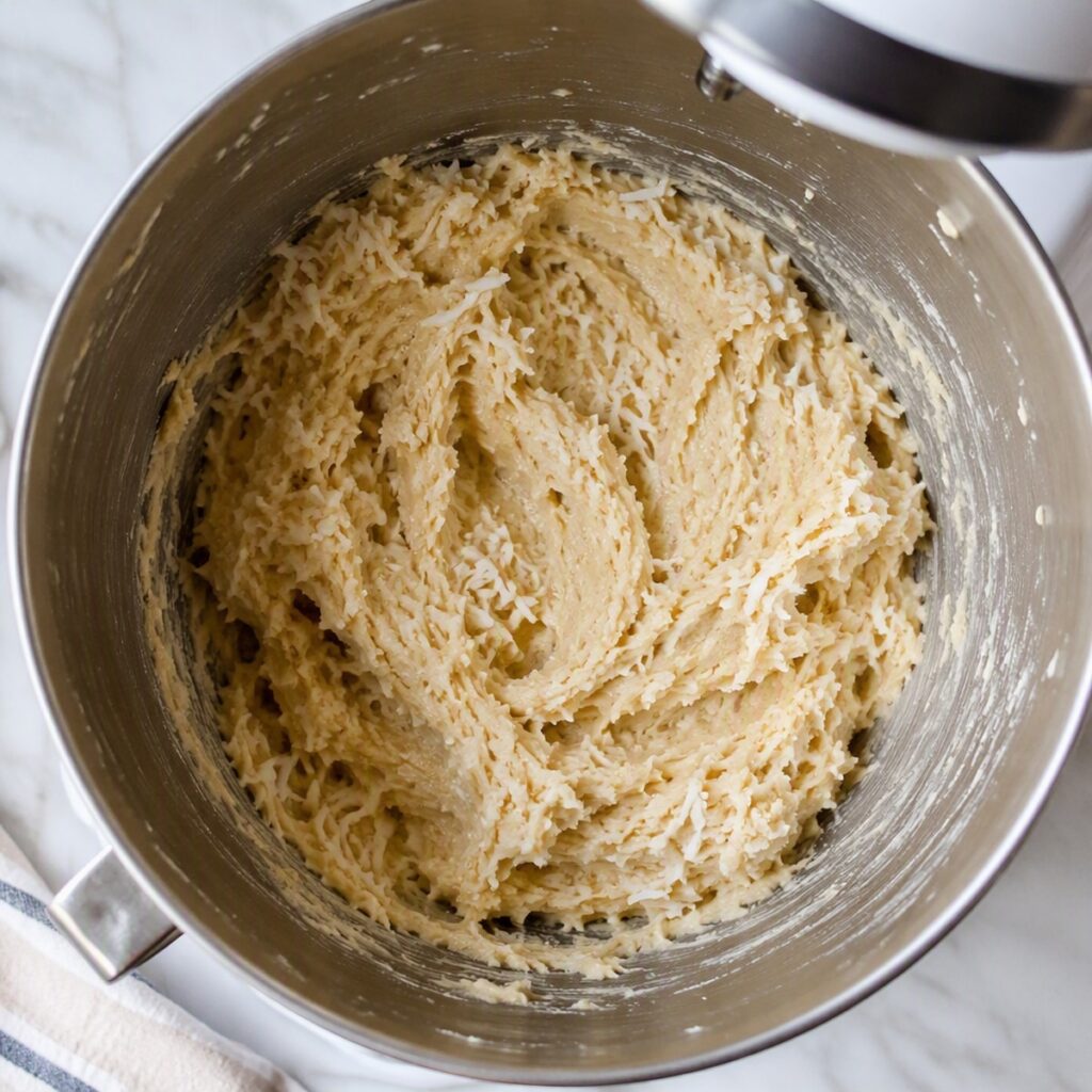 Coconut cookie dough being mixed in a stand mixer bowl with shredded coconut folded in, no text or branding
