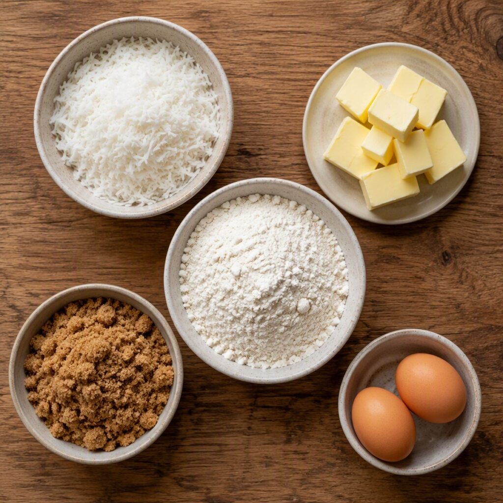Ingredients for coconut cookies laid out on a counter, including shredded coconut, butter, flour, and sugar, no text or branding