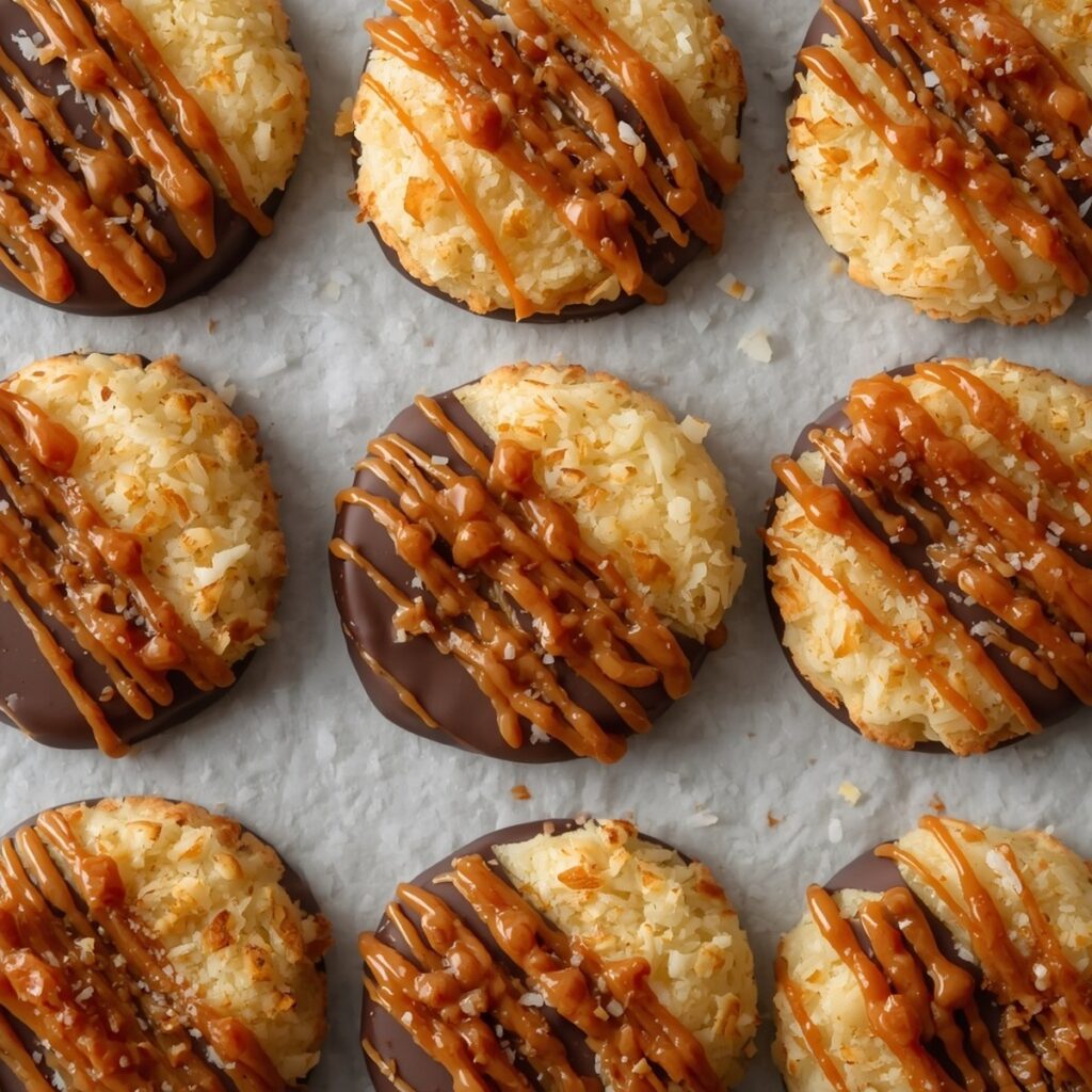 Girl Scout Samoa-style coconut cookies dipped in chocolate with a caramel drizzle, no text or branding
