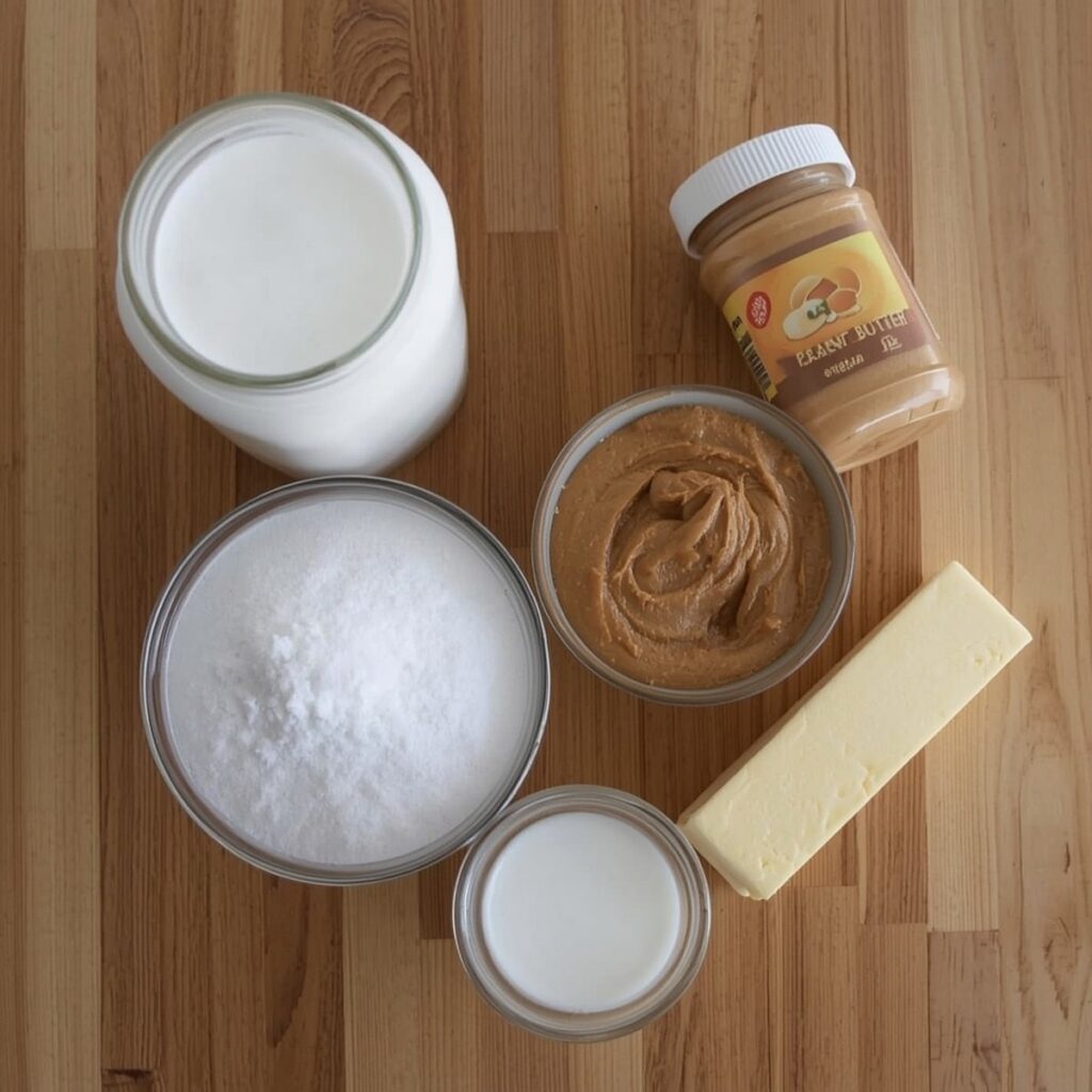 Ingredients for peanut butter fudge with marshmallow fluff laid out on a counter, including a jar of marshmallow fluff, peanut butter, sugar, and evaporated milk, no text or branding