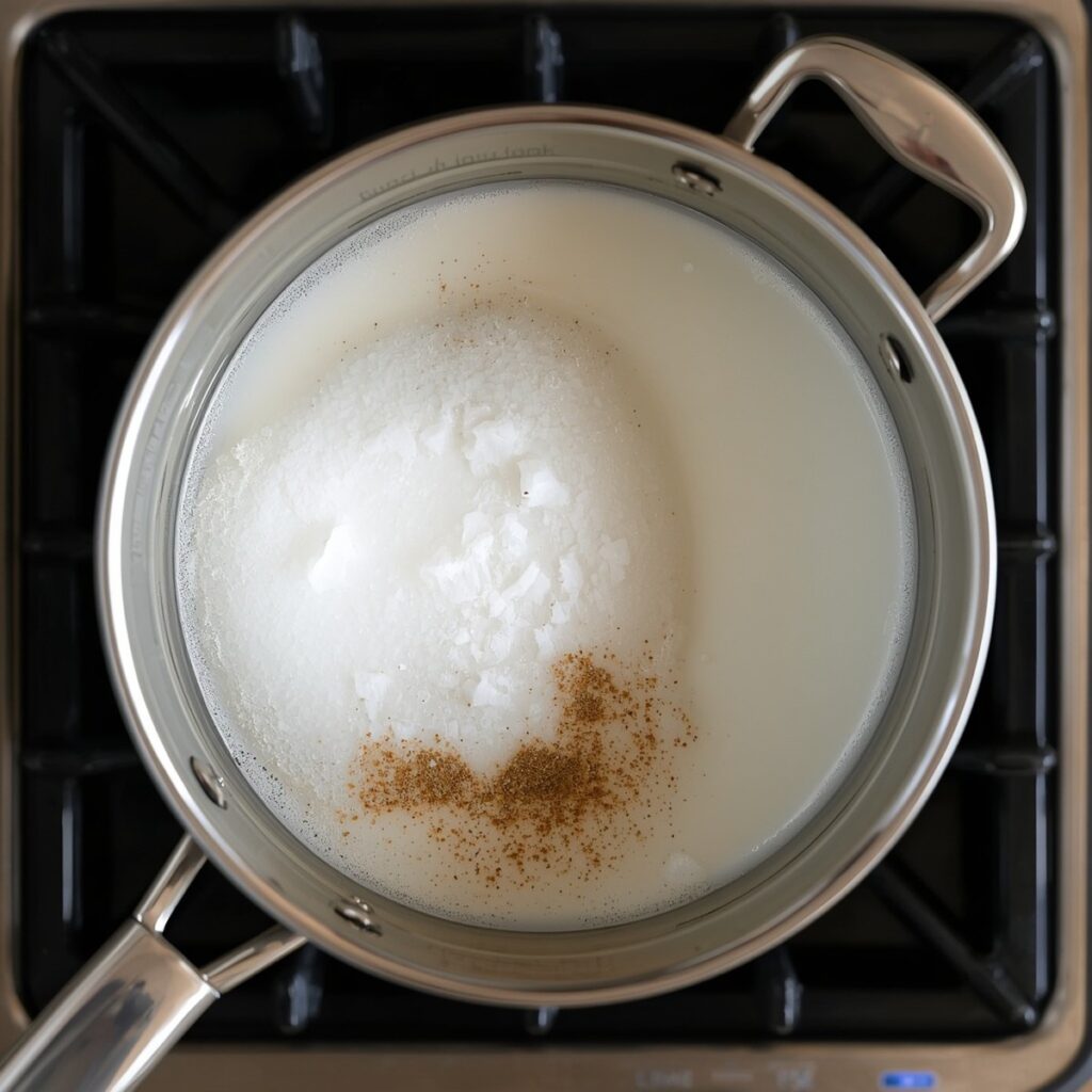 Sugar and evaporated milk boiling in a saucepan on the stove, no text or branding