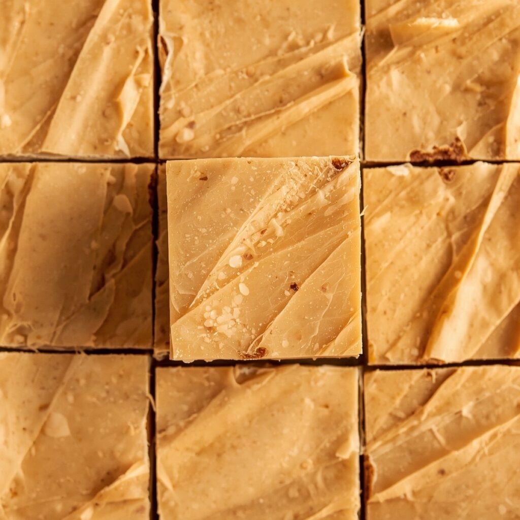 Overhead shot of sliced peanut butter fudge squares stacked on parchment paper, no text or branding