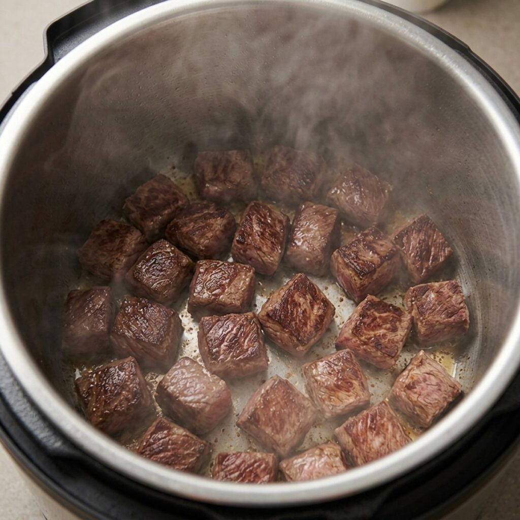 Close-up of beef cubes searing in a pressure cooker insert with a dark brown crust forming, no text, no labels, no background drinks or glasses of liquid