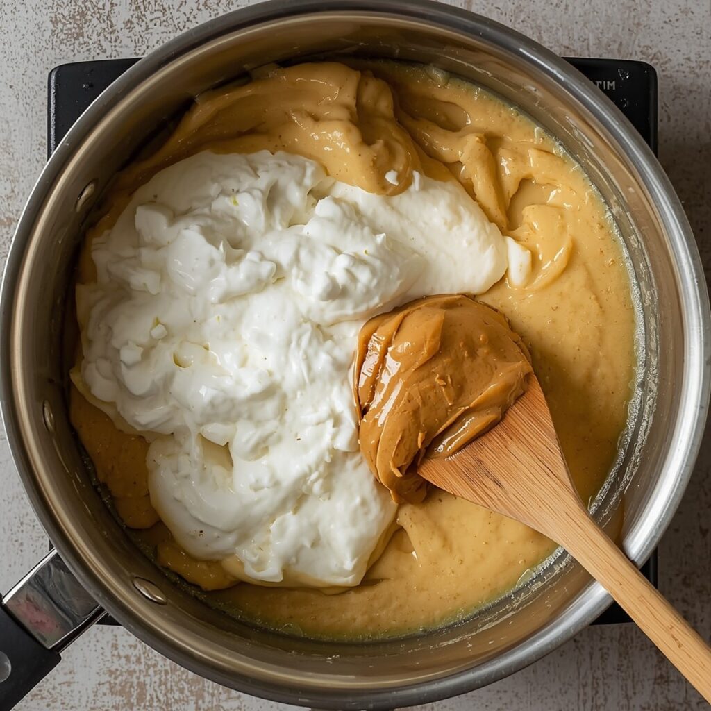 Marshmallow fluff and peanut butter being stirred into the boiled sugar mixture in a saucepan, no text or branding