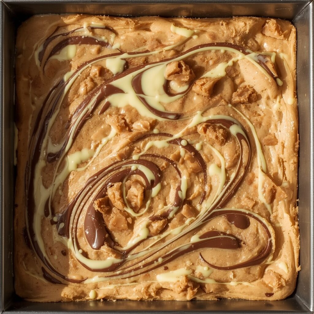 . No-bake peanut butter fudge with marshmallow fluff swirled with white chocolate, overhead shot, no text or branding