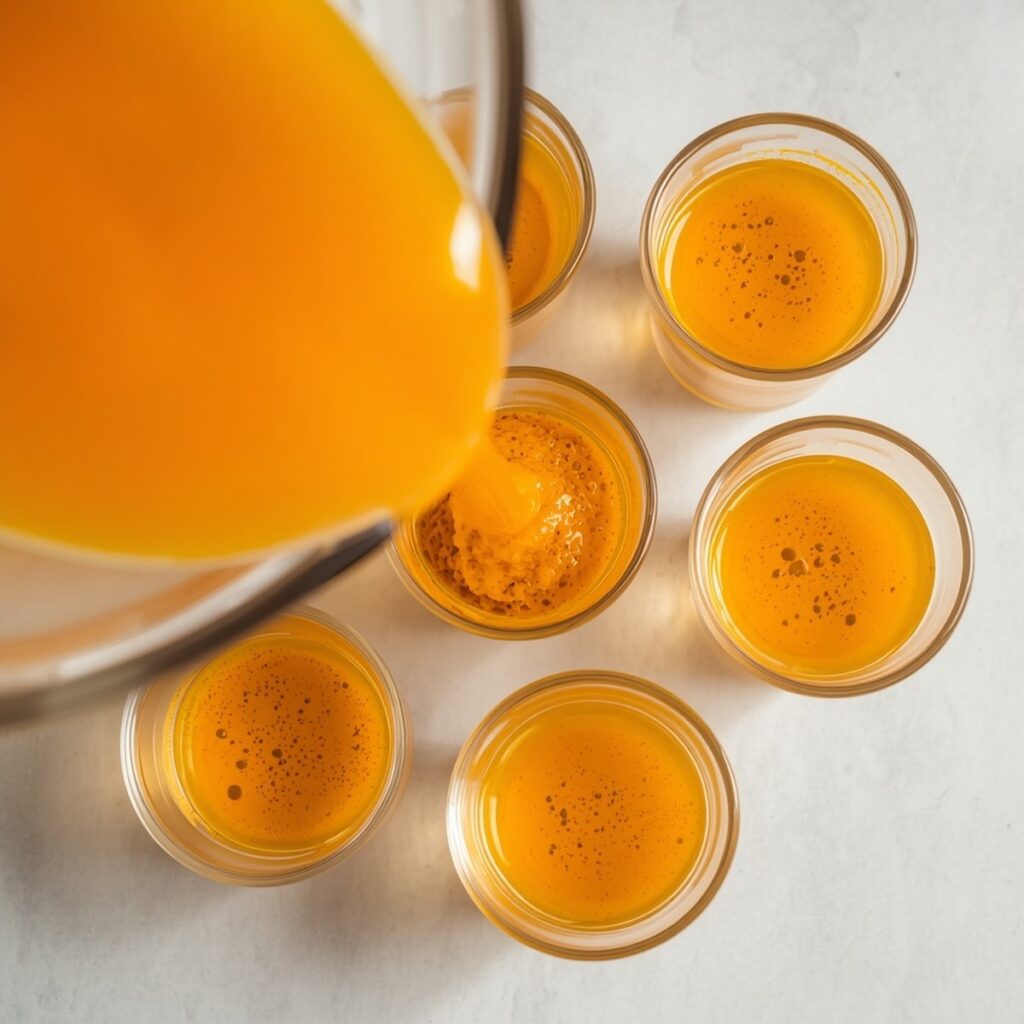 Turmeric shots being poured into small shot glasses, no text or branding