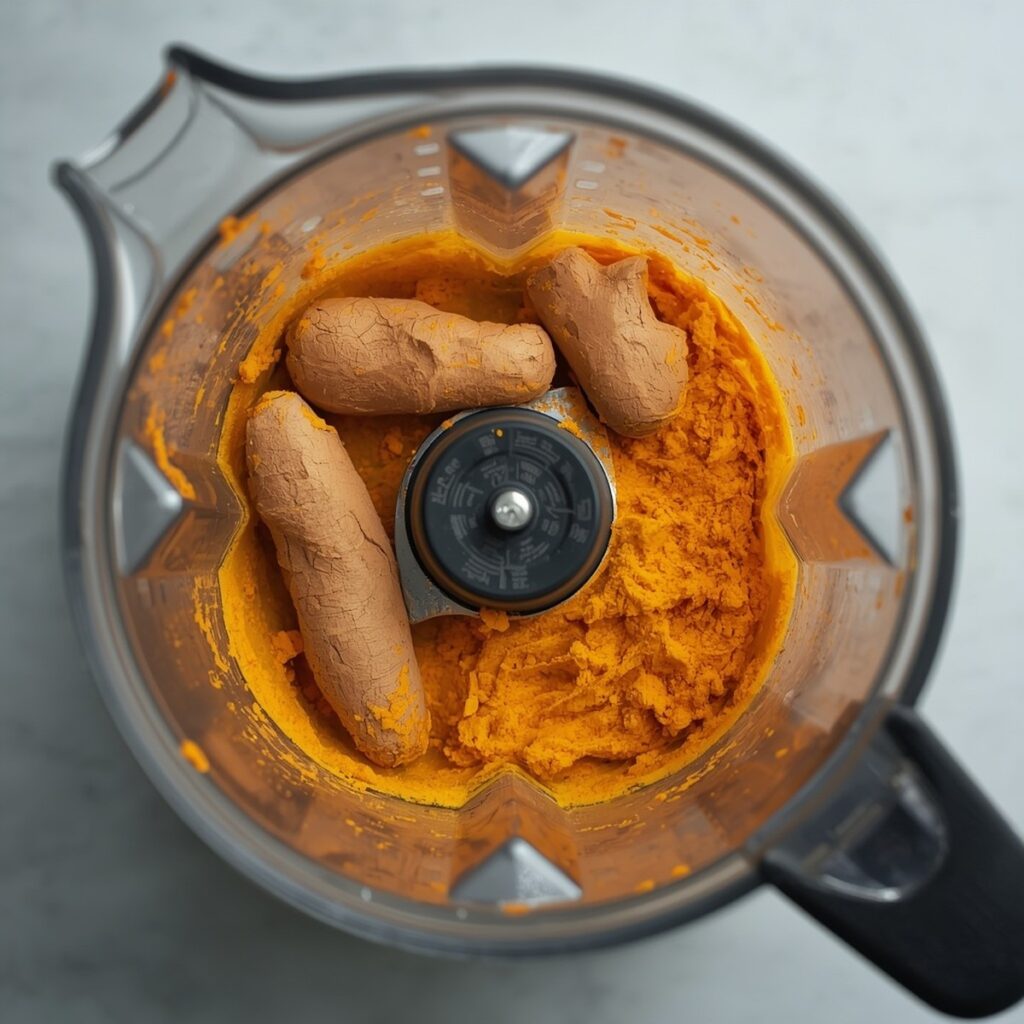 Fresh turmeric root and ginger being blended in a small blender, no text or branding
