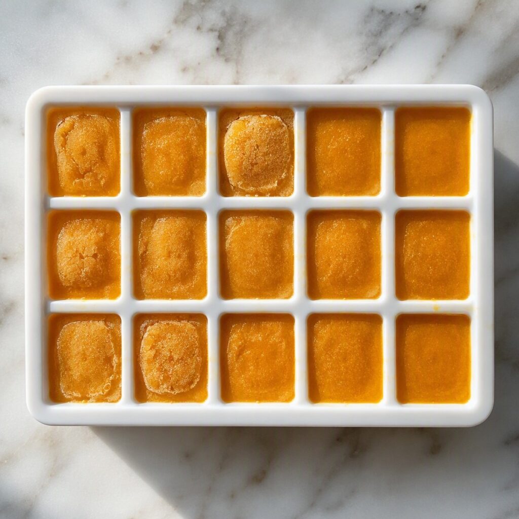 Frozen turmeric shot cubes in an ice cube tray, no text or branding