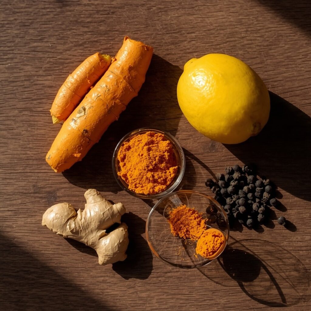 Ingredients for turmeric shot recipe laid out on a counter, including fresh turmeric root, ginger, lemon, and black pepper, no text or branding