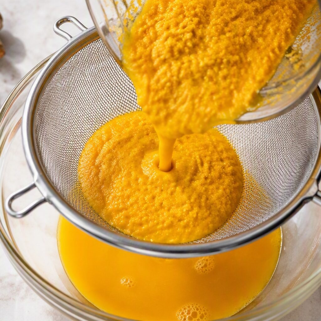 Turmeric mixture being strained through a fine mesh strainer into a bowl, no text or branding