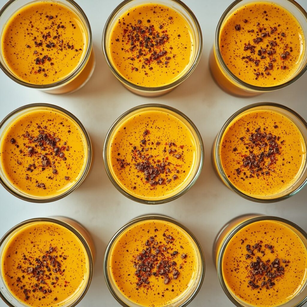 Overhead shot of turmeric shots in glasses garnished with black pepper, no text or branding