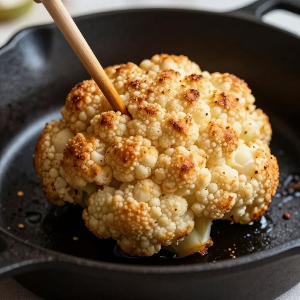 Testing full roasted cauliflower doneness with a skewer at the thickest part of the stem