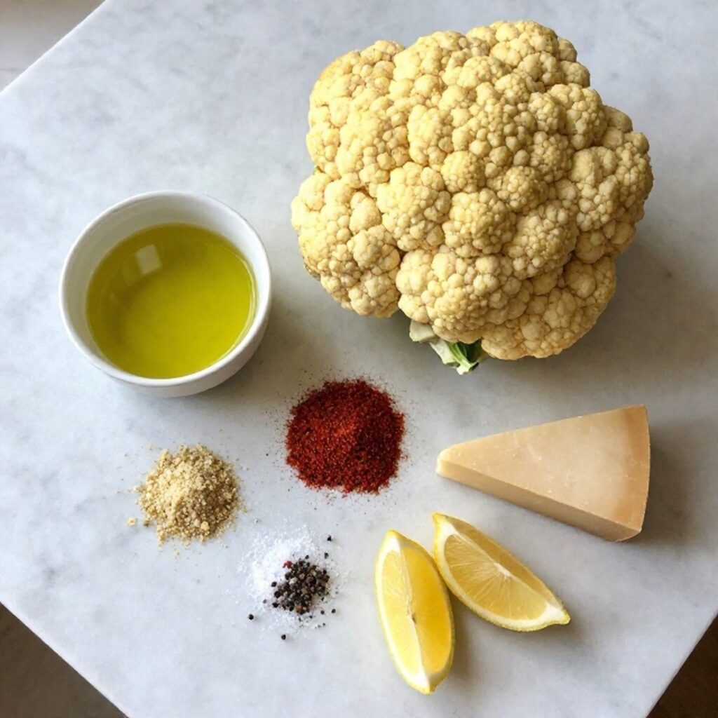 Ingredients for full roasted cauliflower including a whole head, olive oil, and spices