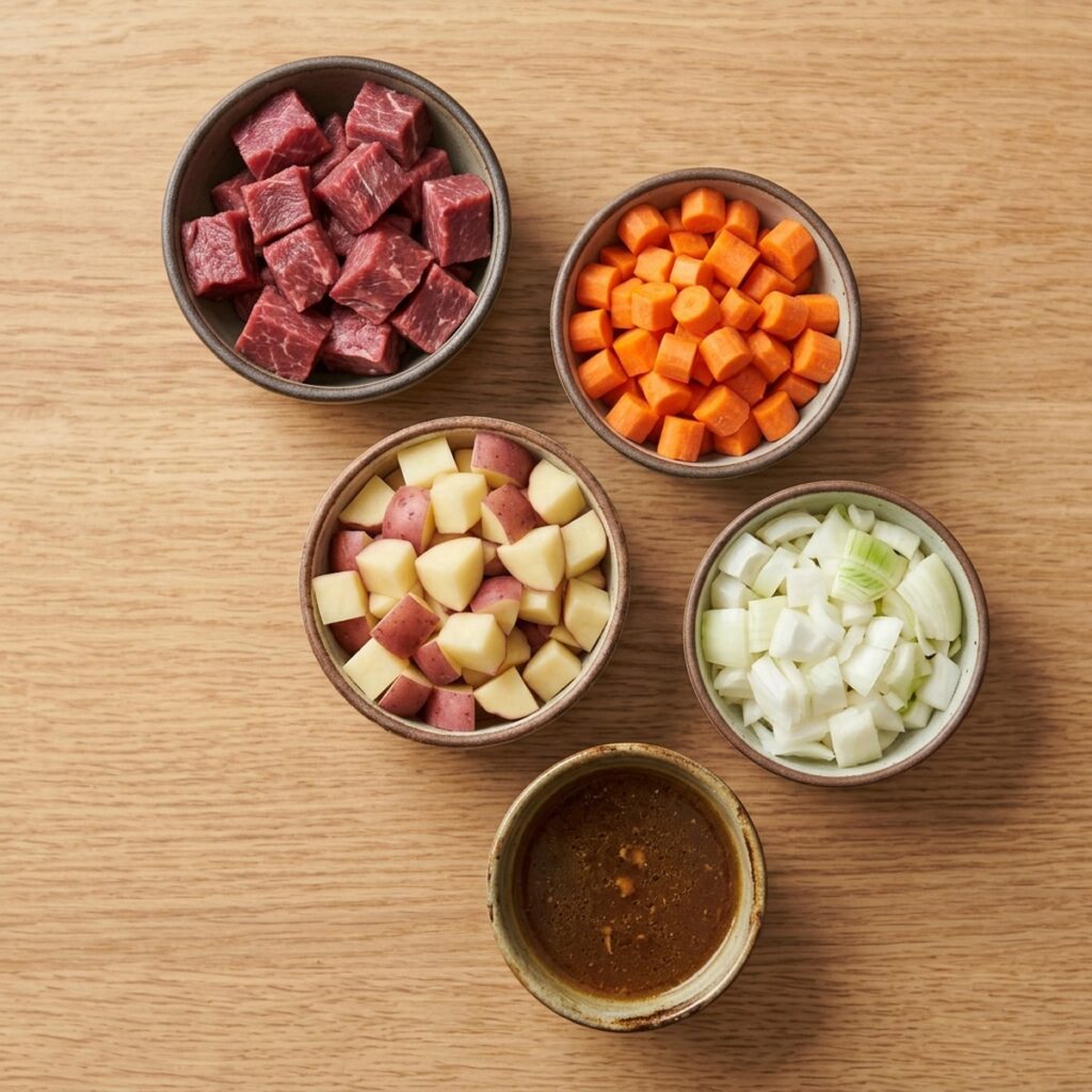 Flat lay of instant pot beef stew ingredients including beef chuck cubes, carrots, potatoes, onion, and beef broth in individual bowls, no text, no labels, no packaging, no brand names, no background drinks or glasses of liquid