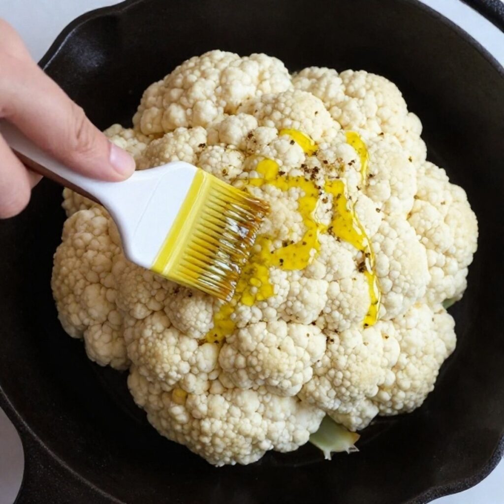 Brushing seasoned oil over a whole head of cauliflower