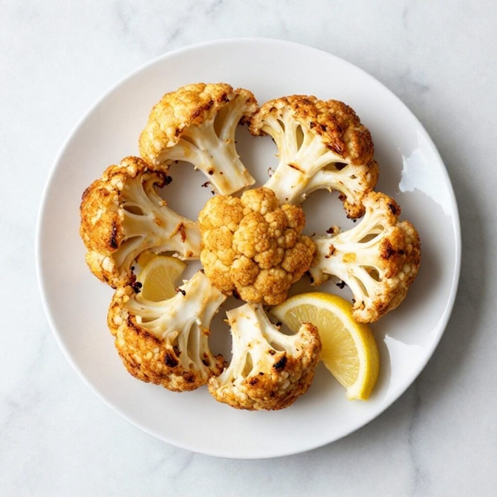 Full roasted cauliflower sliced into wedges on a serving platter