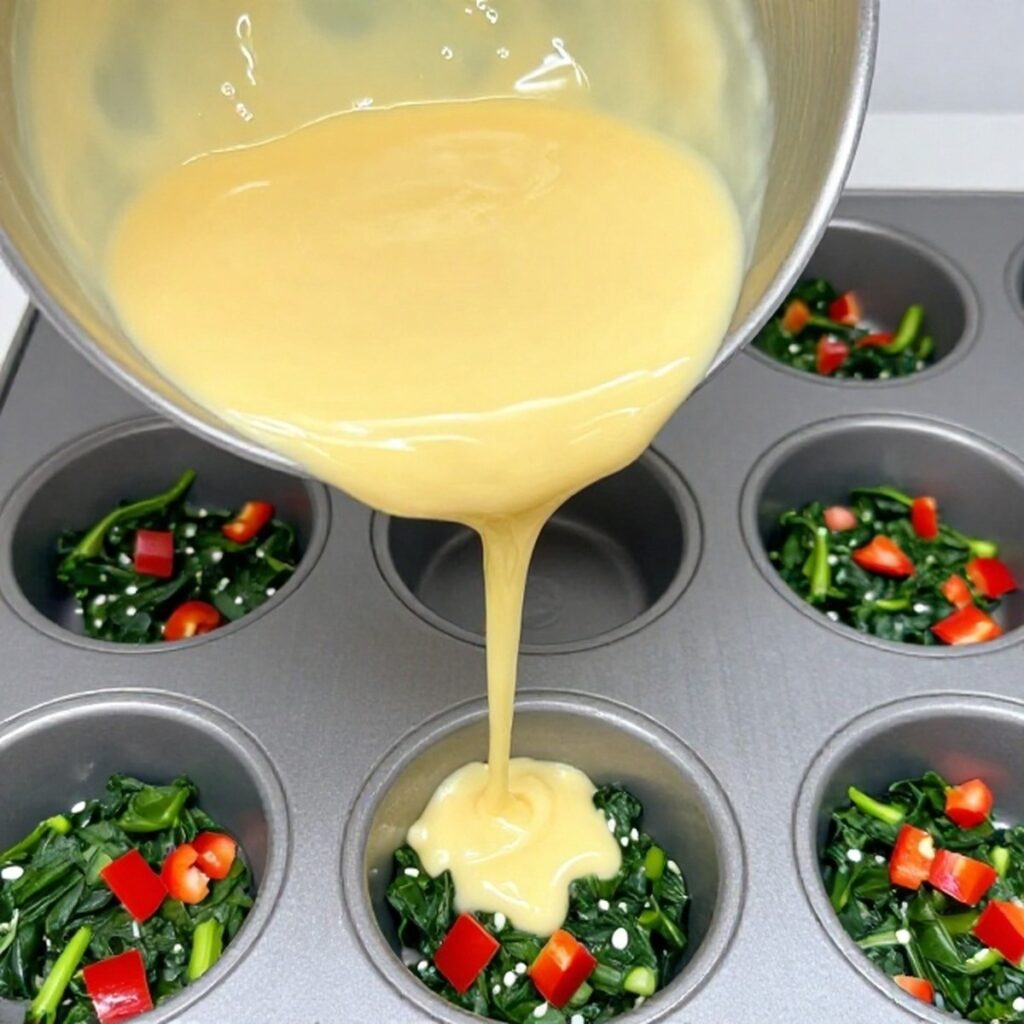 Pouring egg mixture into a muffin tin with mix-ins for egg bites