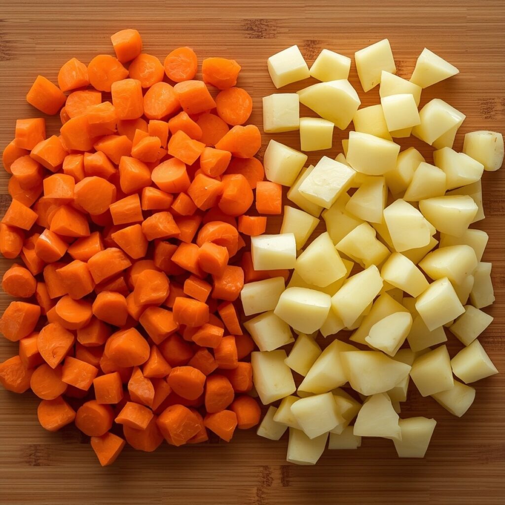 Overhead shot of raw carrots and potatoes cut into large even chunks on a wooden cutting board, no text, no labels, no background drinks or glasses of liquid