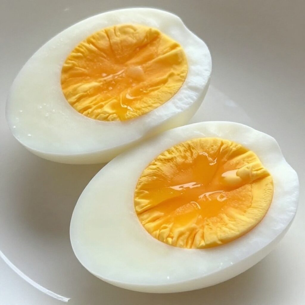Soft-boiled eggs cut in half showing a runny yolk