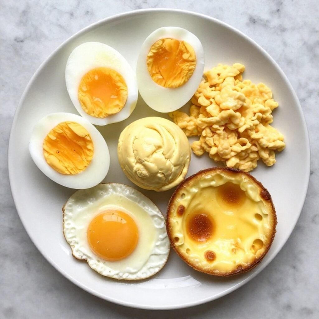 A comparison plate of eggs cooked several different ways for egg recipes for breakfast