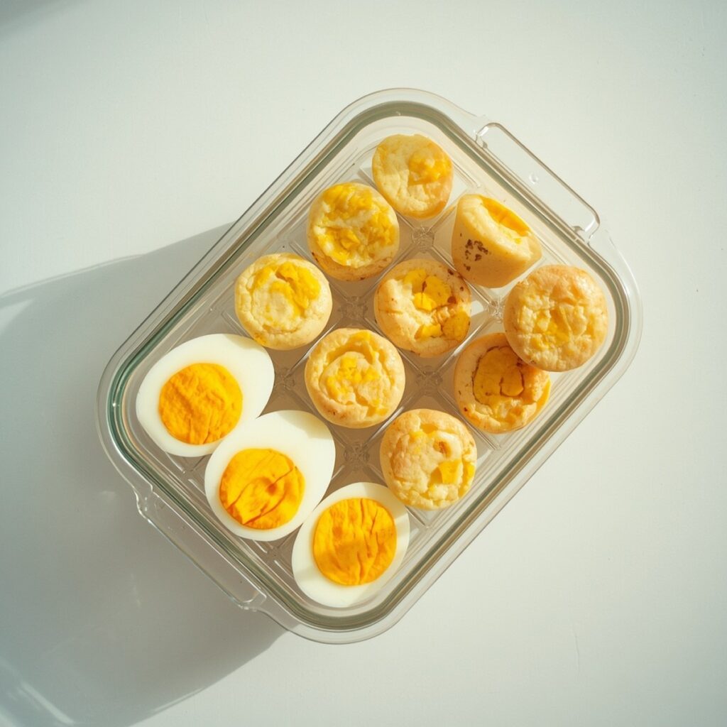 A weekly meal-prep container of eggs cooked ahead for easy breakfasts