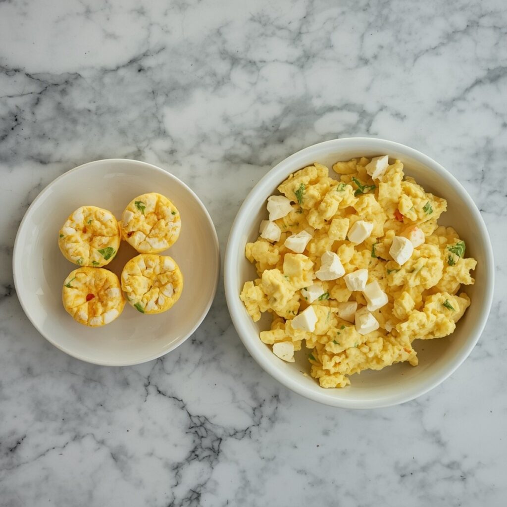 Egg bites and cottage cheese scrambled eggs side by side, both high-protein egg recipes for breakfast