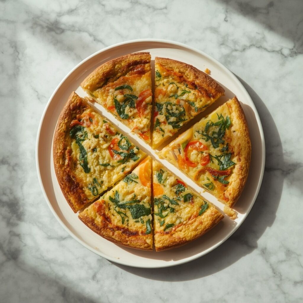 A frittata cut into slices, one of several brunch-style egg recipes for breakfast